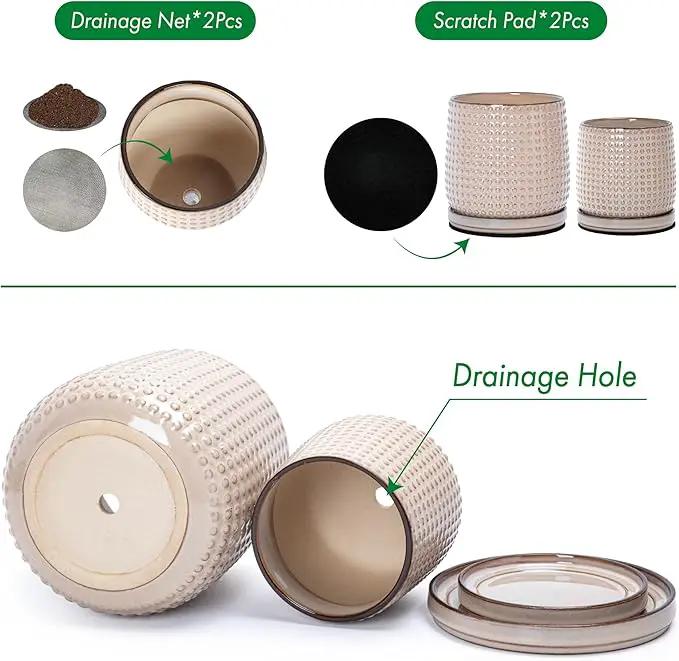 D'vine Dev 6 Inch 4 Inch Ceramic Indoor Planter Pots with Drainage Hole and Saucer, Beaded Design Flower Pots, Set of 2, Light Brown, 27-D-U-4 by GreenHaven Gardens