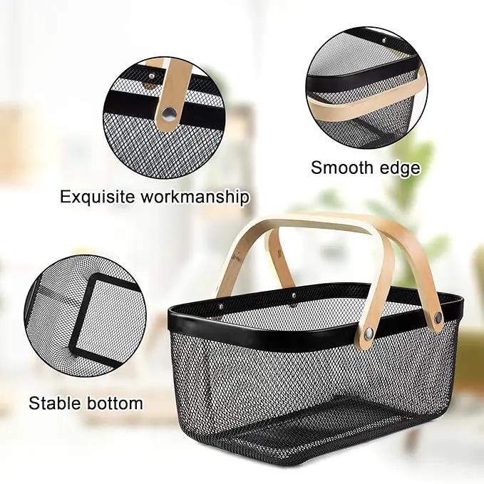 Portable Garden Harvest Basket-Mesh Design Natural Bamboo Handle Wire Storage Baskets,Mesh Basket with Handle Organize Items Reduce Space Occupation,Suitable for Kitchen,Garden,Picnic(Black) by GreenHaven Gardens