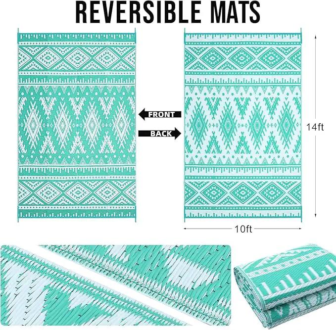 OLANLY Outdoor Rug Waterproof 10x14 ft, Reversible Outdoor Plastic Straw Rug, Boho Patio Rug, Indoor Outdoor Carpet, RV Mat Outside for Patio, Camp, Picnic, Balcony, Deck, Backyard, Turquoise & White by GreenHaven Gardens