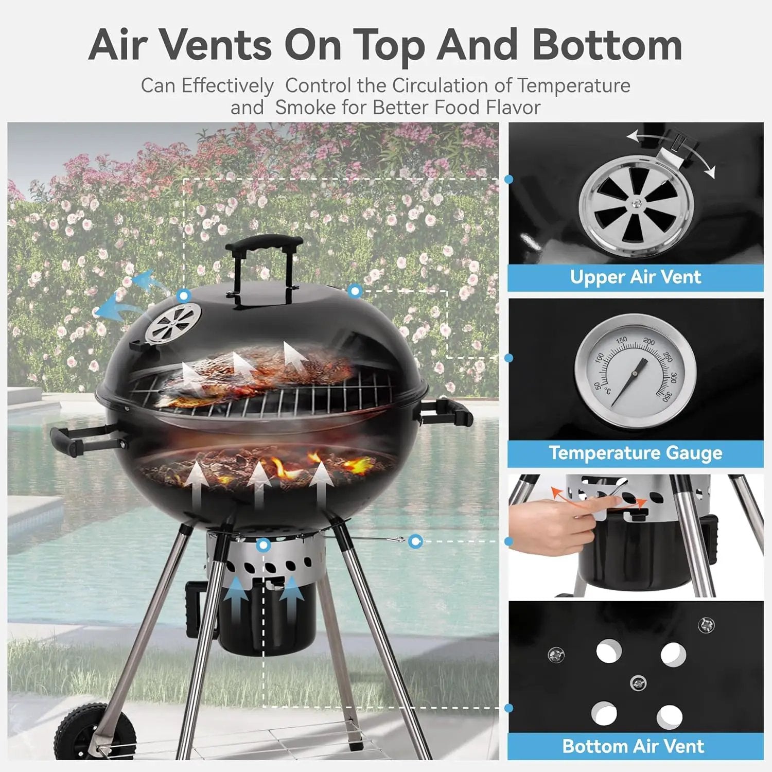 GREEN PARTY 22 inch Kettle Charcoal BBQ Grill with Wheels, Portable Charcoal Grill with Porcelain-Enameled Lid & Ash Catcher for Outdoor Cooking Barbecue Camping Picnics Tailgating by GreenHaven Gardens