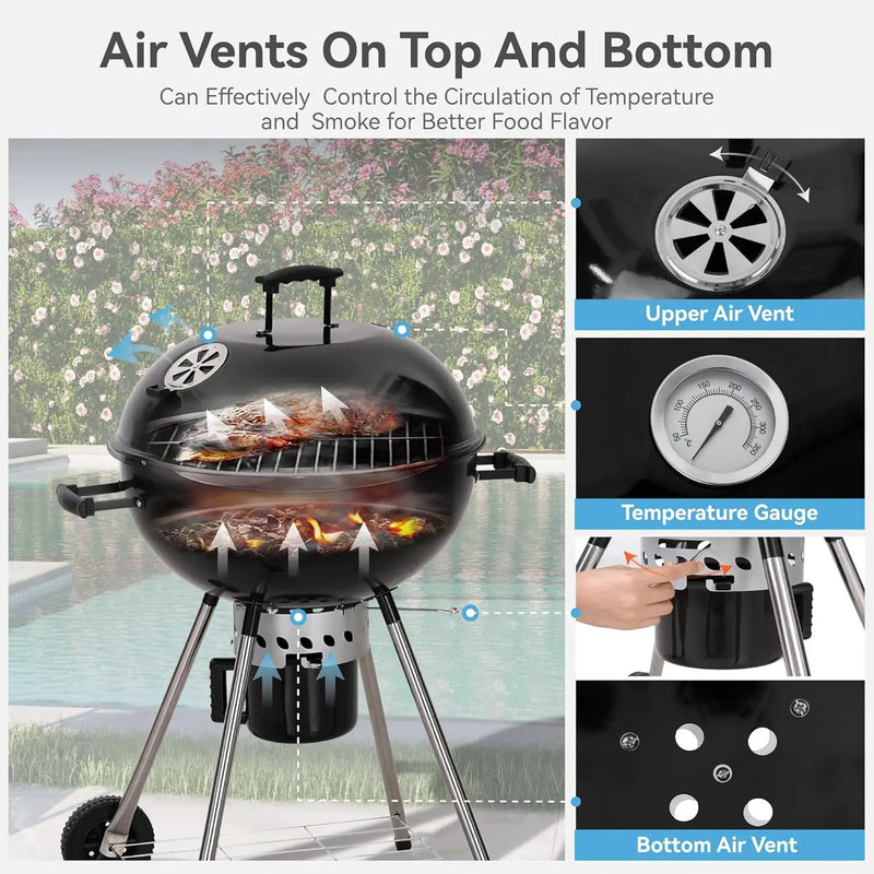 GREEN PARTY 22 inch Kettle Charcoal BBQ Grill with Wheels, Portable Charcoal Grill with Porcelain-Enameled Lid & Ash Catcher for Outdoor Cooking Barbecue Camping Picnics Tailgating by GreenHaven Gardens