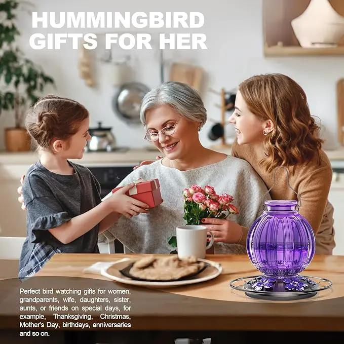 2 Pack Glass Hummingbird Feeder for Outdoors Hanging, Bird Nectar Feeder with Perch & 5 Flower Feeding Ports, 26 Oz Leak Proof for Outside Garden Decor Backyard, Gifts for Women Mom, Purple by GreenHaven Gardens