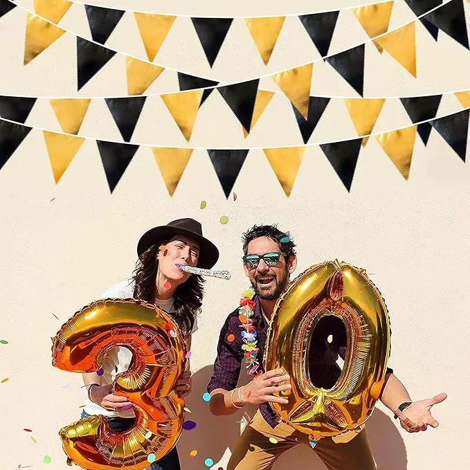 Black and Gold Party Decorations Triangle Pennant Banner Flag Metallic Fabric Bunting Garland for Birthday Graduation Anniversary Wedding Bachelorette Bridal Shower Engagement Hen Party Supplies by GreenHaven Gardens