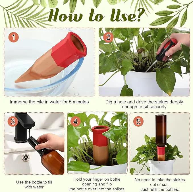 6 Sets Plant Watering Devices Include Terracotta Self Watering Spikes and 26 oz Plastic Bottles, Slow Release Vacation Insert Automatic Plant Waterer Device (Brown and Mixed Color) by GreenHaven Gardens