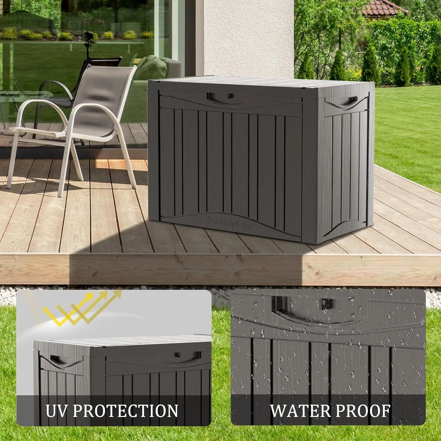 50GAL Brown Deck Box with Special Pattern & Lock Hole – Waterproof, SGS - Approved UV Resistance, Stylish Storage for Outdoor Cushions & Decor, Effortless Assembly by GreenHaven Gardens