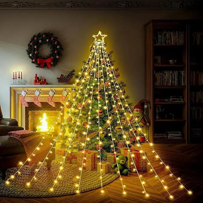 Christmas Star String Lights, 320 LED Waterfall Tree Lights with 13" Topper Star 8 Lighting Modes Indoor Outdoor Halloween Decorations for Holiday, Wedding, Party (Warn White) by GreenHaven Gardens