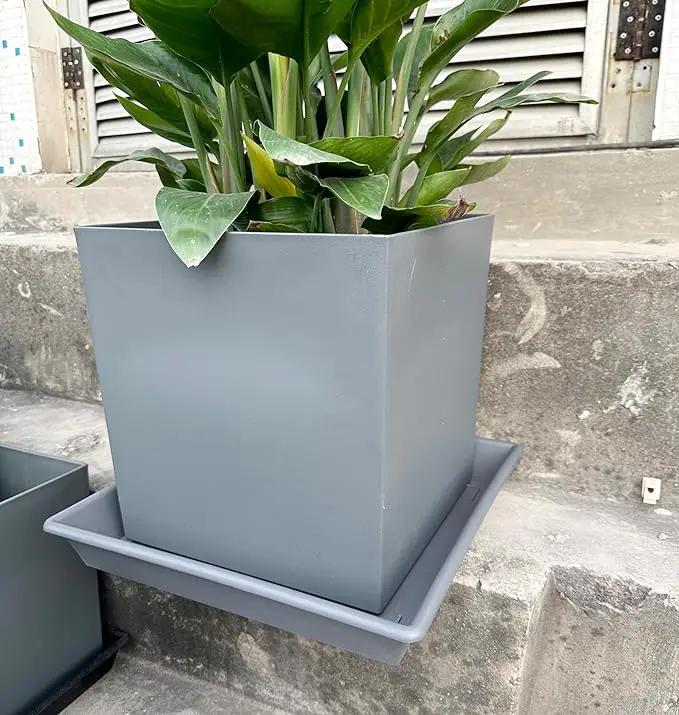 Square Plant Saucer 14 Inch 5 Pack，Plant Stand Plant Trays for Pots Heavy Duty Gray Plastic Plant Saucers for Indoors Outdoors, Flower Pot No Holes Plant Lover Gardening Gifts by GreenHaven Gardens