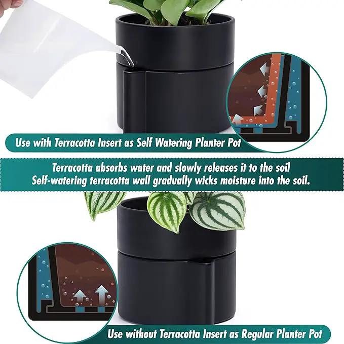 Phoenix Vine 8 Inch Self-Watering Planter Pot with Terracotta Insert, Deep Water Reservoir, and Ceramic-Alike BPA-Free Plastic Planter Pot for Plant, Modern Planter for Houseplants, Black, 53-A-T-2 by GreenHaven Gardens