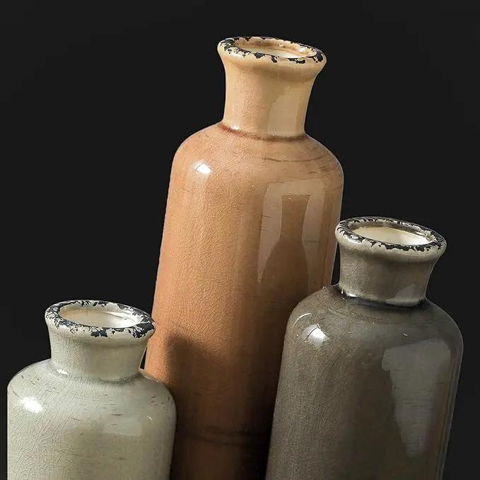 Ceramic Vase Set of 3, Neutral Flower Vases Home Decor, Pottery Rustic Farmhouse Decorative Vases Modern Decor for Table Mantel Entryway Bookshelf Living Room Kitchen Bedroom - Brown by GreenHaven Gardens