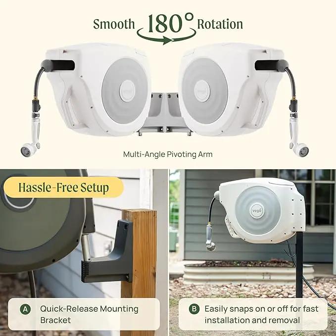 Vego Garden Hose Reel Retractable Hi-Flow x 100ft Wall Mounted Hose Reel Automatic Rewind, Any Length Lock with 9 Patterns Sprayer Nozzle, Quick Connector and Adjustable shot Nozzle-Tidepool Blue by GreenHaven Gardens