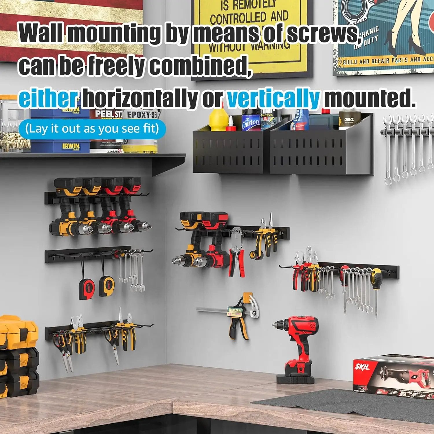 CCCEI 3 Modular Pegboard Strip Storage, Metal Peg Slat Wall Mount for Garage, Basement, Garden, Laundry Room Organization. Flexible Tool Organizer for Rake, Shovels, Crafting. Gifts for Men, Black. by GreenHaven Gardens