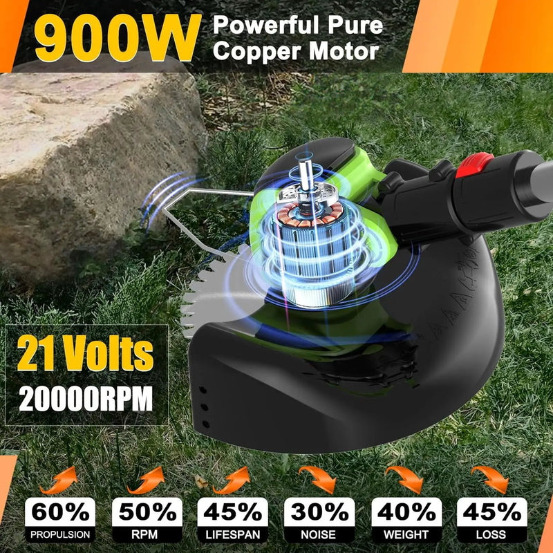 Cordless Electric Weed Wacker Battery Powered, 21v Lightweight Weed Trimmer Eater With 2 4.0Ah Battery Operated & Charger & Wheels & Shears, 3 In1 Grass Trimmer/Brush Cutter/Lawn Edger for Yard Garden by GreenHaven Gardens