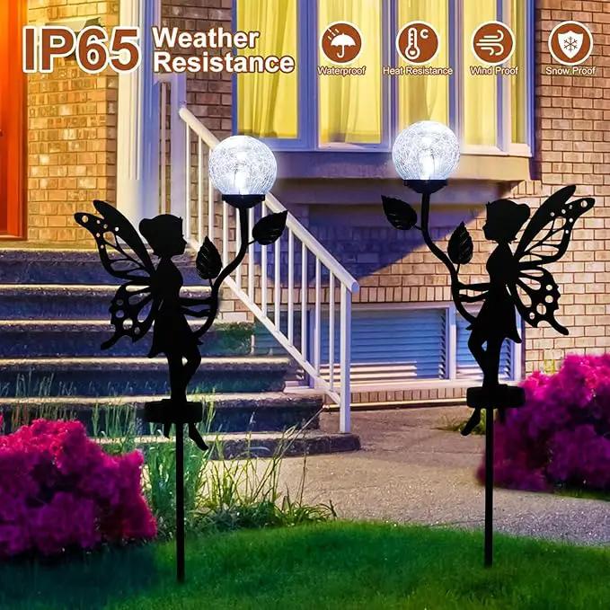 2 Pack Solar Fairy Garden Decor, Metal Fairy Statues with Crackle Glass Globe Solar Garden Lights Outdoor Silhouette Waterproof for Lawn Patio Yard Pathway Gardening Gifts by GreenHaven Gardens