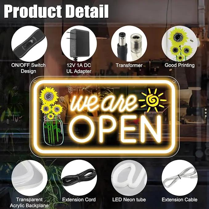 Neon We Are Open Signs for Business, 16.5x9'' Open Sign with Printed Flower and Sun, with ON/OFF Switch & Adapter, Warm White, Ideal for Window, Party, Wall, Bars, Coffee Shops, Salons, Clubs, Hotels by GreenHaven Gardens