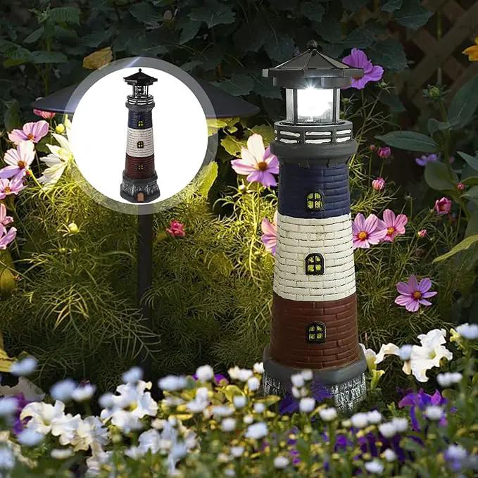 Solar Light Tower Lighthouse Night Light Solar Rotating Lighthouse Outdoor Lighthouse Ornaments Outdoor Solar Lantern Garden Decor Street Light Resin to Rotate by GreenHaven Gardens