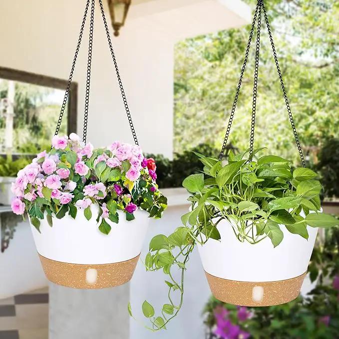 QCQHDU 2 Pack 10 inch Hanging Planters for Indoor Plants, Outdoor Hanging Baskets, Self Watering Pots with Drainage Holes & Removable Tray (White, 10 inch) by GreenHaven Gardens
