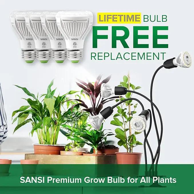 SANSI LED Grow Lights for Indoor Plants, Lifetime Free Bulb Replacement, 600W Full Spectrum 4-Gooseneck Clip Plant Grow Light, Plant Light with Timer 4/8/12 Hrs, High PPFD Growing Power Grow Lamp by GreenHaven Gardens