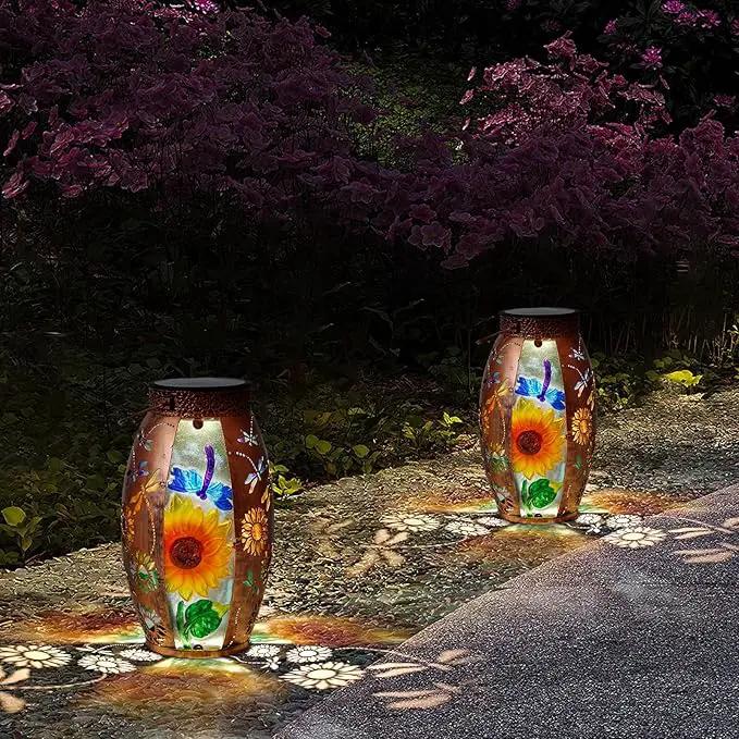 Solar Lanterns Outdoor Hanging Light - Sunflower Dragonfly Solar Powered LED Glass Lights Decorative Waterproof Tabletop Lamp with Hollowed-Out Design for Yard Table Patio Garden Pathway Holiday by GreenHaven Gardens