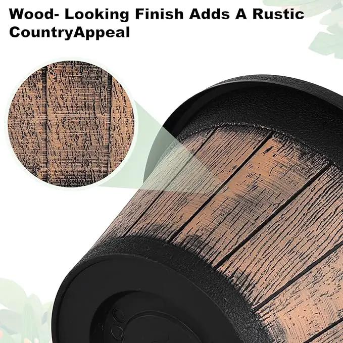 Quarut Plant Pots Set of 3 Pack 9 inch,Whiskey Barrel Planters with Drainage Holes & Saucer.Plastic Decor Flower Pots Imitation Wine Barrel Design,for Indoor & Outdoor Garden Home Plants (Brown) by GreenHaven Gardens