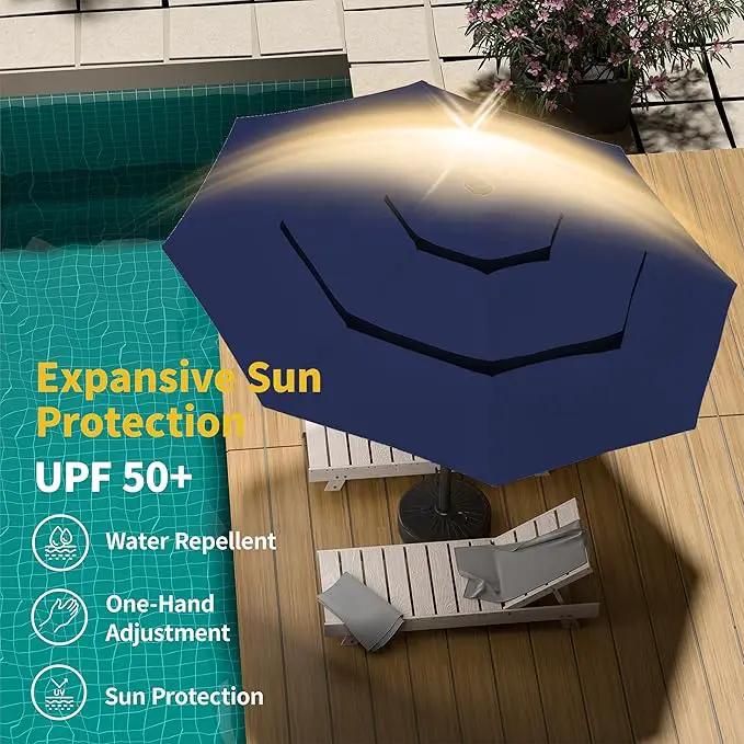 Kingdura 10ft 3-Tier Patio Umbrella with Solar Lights, Table Umbrella Outdoor Patio with Easy Crank & Tilt, 8 Sturdy Ribs, UV Protection, 32 LED Lights for Deck, Poolside, Market (Navy blue) by GreenHaven Gardens