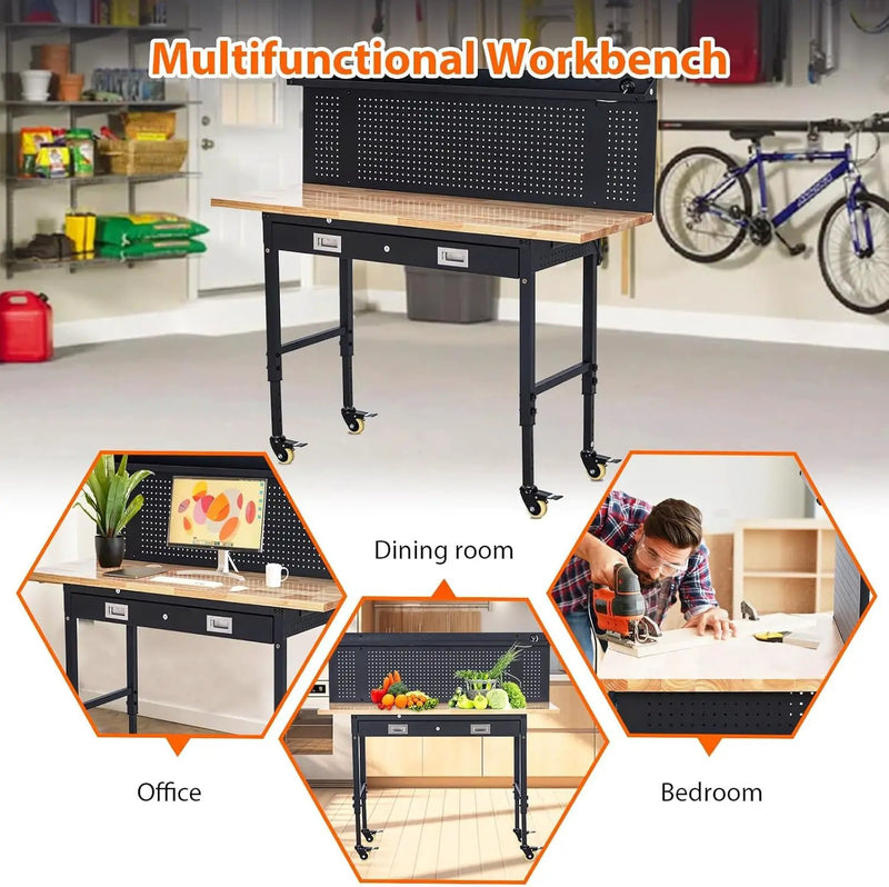 60'' Adjustable Workbench, Heavy Duty Workbench with Drawer and Backplate, 2000 LBS Capacity Work Table with Power Outlet and Lockable Wheels, Suitable for Office, Garage, Workshop by GreenHaven Gardens