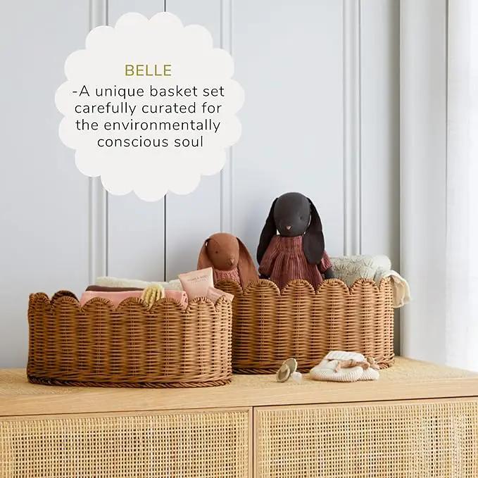 BEBE BASK Premium Scalloped Basket Set Of 2 - Scallop Basket - 16 x 10 x 7 Inch - Hand-Woven Elegant Wicker With Scalloped Edge - Nursery Storage (Mocca) by GreenHaven Gardens