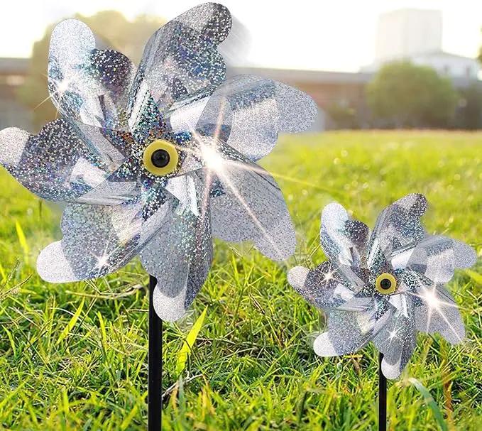 BATTIFE 10 Pack Reflective Pinwheels for Yard and Garden, Pre-Installed Sparkly Silver Blind Birds Pin Wheel, Scare Birds & Animal Away Wind Spinner by GreenHaven Gardens