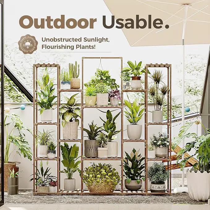 Bamworld Large Plant Shelf Plant Stand Indoor Hanging Tall Outdoor Plant Holder Wood for Multiple Plants Plant Rack for Living Room Garden Balcony Flower 17 Pots Wide by GreenHaven Gardens
