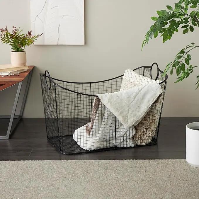 Deco 79 Metal Large Open Frame Wire Grid Storage Basket with Curved Sides and Ring Handles, 30" x 20" x 20", Black by GreenHaven Gardens