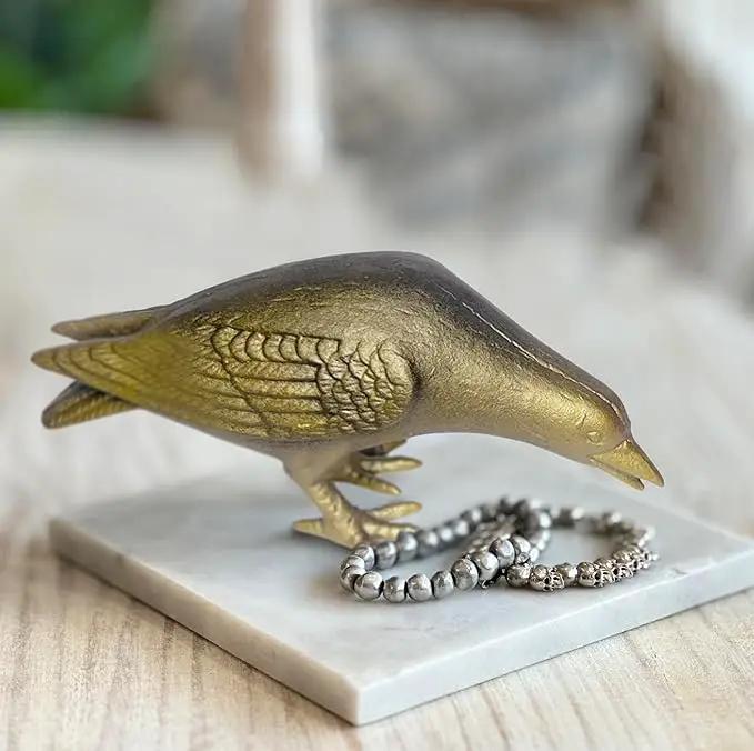 NACH Crow Decor, 10 x 3.5 x 6 inch, Cast Iron Antique Gold Raven Statue, Raven Decor for Outside - Head Down Crow Statue by GreenHaven Gardens