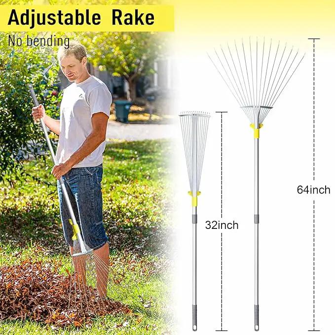 JARDINEER Adjustable Rakes for Leaves, Larger Garden Leaf Rake for Lawns Grass with 7-23" Expandable Head, Yard Collapsible Rake for Camping (64 inches) by GreenHaven Gardens