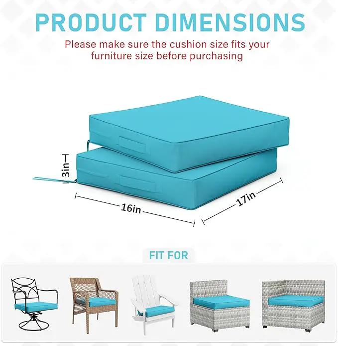 Patio Chair Cushions 17 X 16 X 3 Inch Waterproof Outdoor Seat Cushions for Patio Furniture, Outdoor Sofa Couch Pads with Ties & Handle, Set of 2, Lake Blue by GreenHaven Gardens