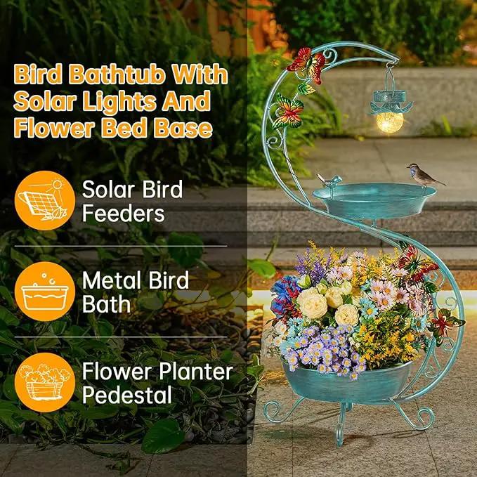 Bird Bath for Outside with Solar Lamp, 36" Birdbaths for Outdoors with Planter Flower Pot, Metal Bird Bath Bowl for Garden Yard Decor (All Blue Green) by GreenHaven Gardens