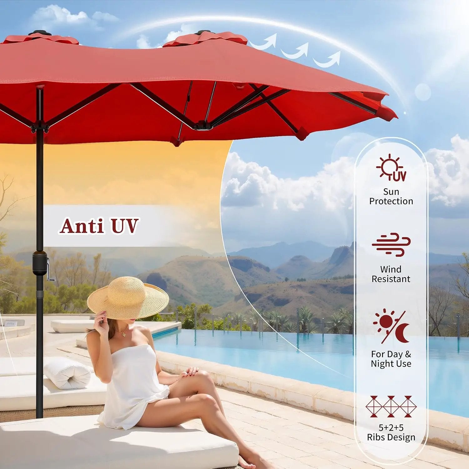 Vongrasig 15FT Large Patio Umbrella with Base Included, Outdoor Double sided Umbrellas with Crank Handle, Rectangle Table Umbrella for Pool Lawn Garden Market by GreenHaven Gardens