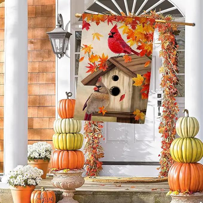 BLKWHT Fall Cardinal Bird House Flag 28x40 Vertical Double Sided Maple Leaves Welcome Autumn Thanksgiving Holiday Outside Decorations Burlap Yard Flag BW829-40 by GreenHaven Gardens