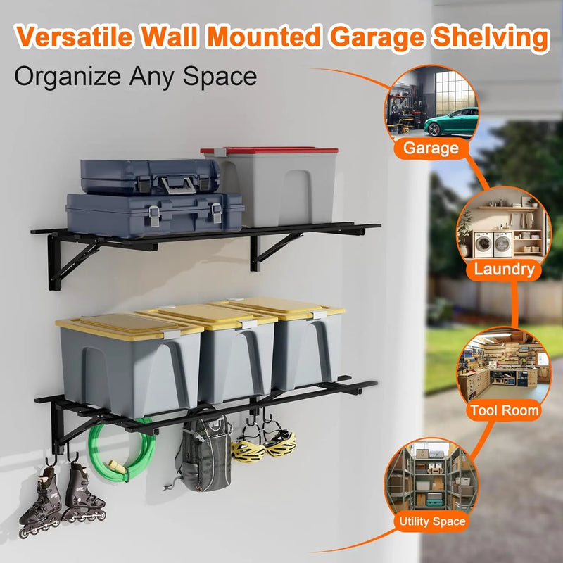 4-Pack Garage Storage System Shelves 3.21x1.64 ft - Compact Folding Wall Shelves for Garage, Sturdy Metal Wall Shelving with Hooks, Versatile Metal Hanging Shelf Design, Sleek Floating Black Shelf by GreenHaven Gardens