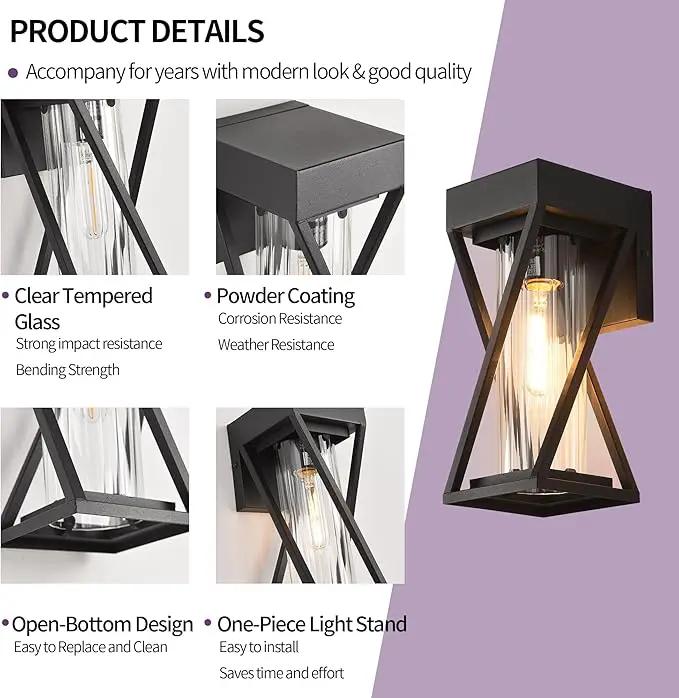 Outdoor Wall Lights Set of 2, Exterior Sconce Lighting Fixtures, Black Outdoor Porch Lights, Outdoor Wall Lantern with Clear Stripe Glass for Patio, Garage by GreenHaven Gardens