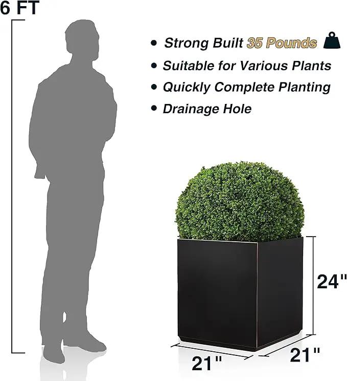 Metallic Heavy Cube Planter Box, No Assemble, Seamless Large Square Planter for Trees, Plants and Flowers 21”Lx21”Wx24”H 35Pounds Black with Hand Brushed Gold Rim by GreenHaven Gardens