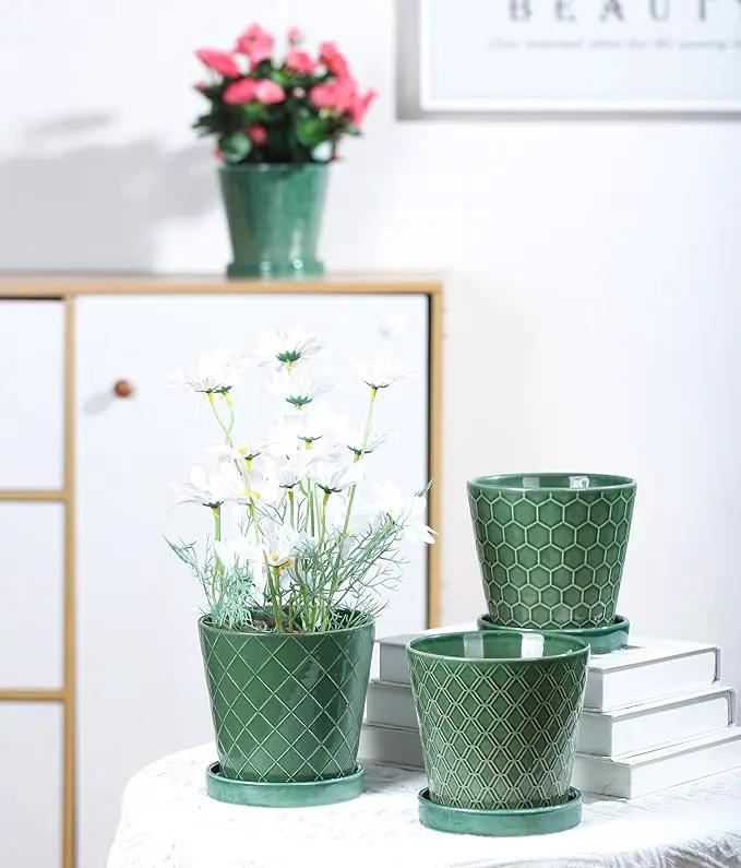 Plant Pots Indoor –5 inch Ceramic Flower Pot with Drainage Hole and Ceramic Tray - Gardening Home Desktop Office Windowsill Decoration Gift, Set of 4-Plants NOT Included (Patina) by GreenHaven Gardens