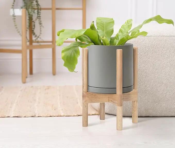 D'vine Dev Ceramic Planter with Natural Stand - 8 Inch Modern Round Flower Pot with Wood Planter Holder, Grey, 55-B-N-3 by GreenHaven Gardens