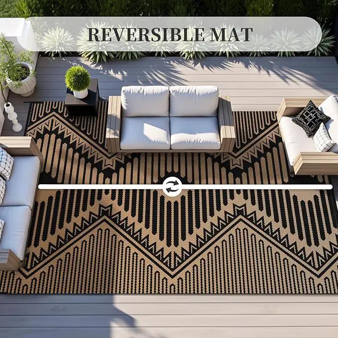 MontVoo Outdoor Rug 8x10 Waterproof Patio Rug-Outdoor Carpet Mat Reversible Plastic Straw Outside Outdoor Rug for RV Camping Picnic Balcony Backyard Pool Deck Porch Modern Boho Black Brown by GreenHaven Gardens