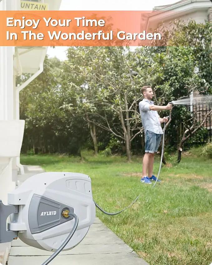 Ayleid Retractable Garden Hose Reel,5/8 in x 100 FT Wall Mounted Hose Reel, with 9- Function Sprayer Nozzle, Any Length Lock/Slow Return System/Wall Mounted/180°Swivel Bracket (Grey) by GreenHaven Gardens