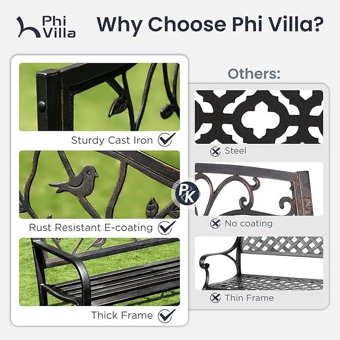 PHI VILLA Outdoor Garden Park Bench Patio 50" Metal Bench, Steel Frame Bench with Backrest and Armrests for Porch, Lawn, Balcony, Backyard and Indoor, Bronze by GreenHaven Gardens
