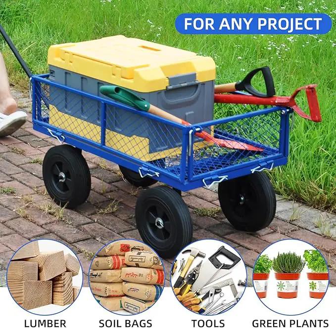 Heavy Duty 480 Lbs Capacity Mesh Steel Garden Cart Folding Utility Wagon with Removable Sides (Blue) by GreenHaven Gardens