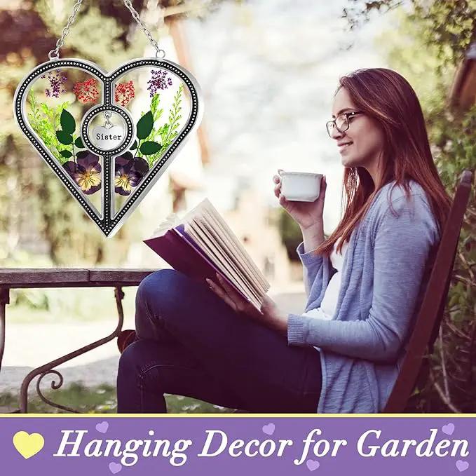 KY&BOSAM Heart Suncatcher Sister Stained Glass for windsows Hanging Wind Chimes with Pressed Real Flower Heart in Glass with Metal Trim Heart Charm Birthday Gift for Sister Mothers Day Christmas Decor by GreenHaven Gardens