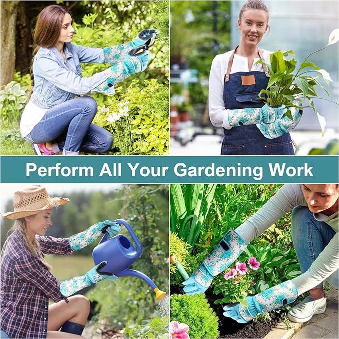 DLY Gardening Gloves for Women, Rose Gloves Gardening Thorn Proof, Long Garden Gloves for Women, Breathable & Durable Leather Gauntlet(Medium, Light Blue) by GreenHaven Gardens