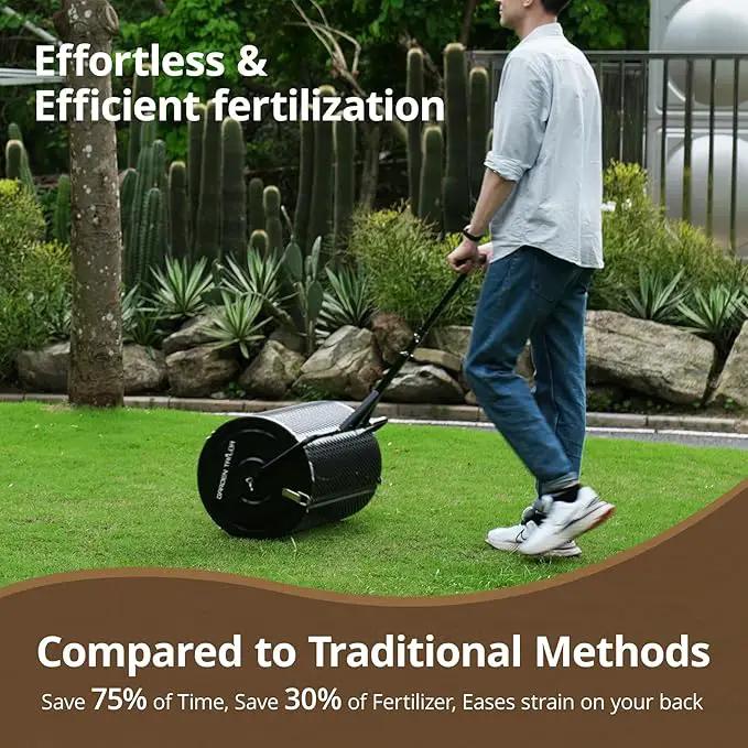 Compost Spreader 30 Inch Peat Moss Spreader with Installation Support Accessories, Metal Mesh Roller Lawn Spreader for Top Soil, Manure, Mulch, Top Dressing - Garden spreaders for lawns by GreenHaven Gardens