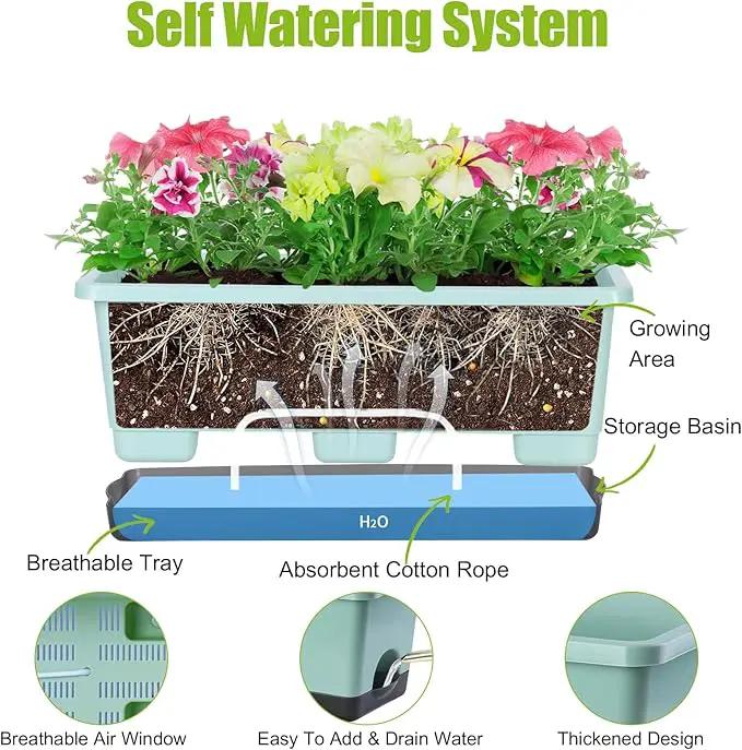 Window Box Planter 8 Pcs, 17 Inches Rectangle Flower Pots with Drainage Holes and Trays, Vegetable Planters for Windowsill Patio Garden Balcony Home Porch Yard Indoor Outdoor by GreenHaven Gardens