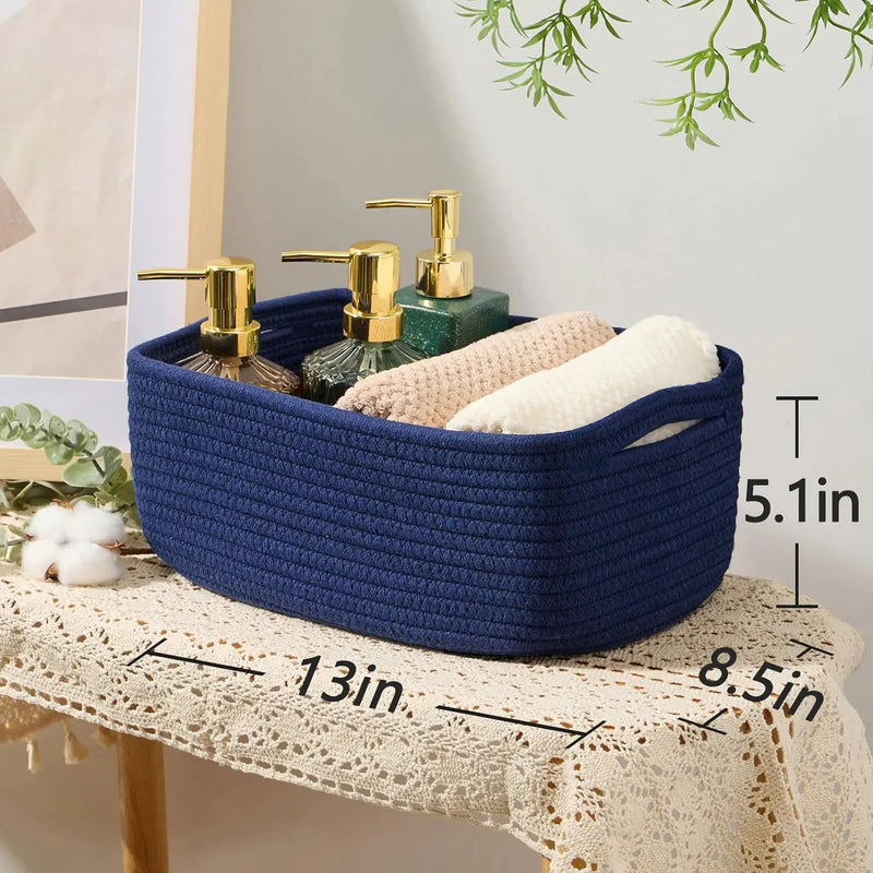 Small Storage Baskets for Organizing | Closet Organizer Bins | Shelf Toy Basket | Woven Rope Baskets | Cube Decorative Box | Shallow Basket | 13x8.5x5.1” | 3 Packs Navy Blue by GreenHaven Gardens