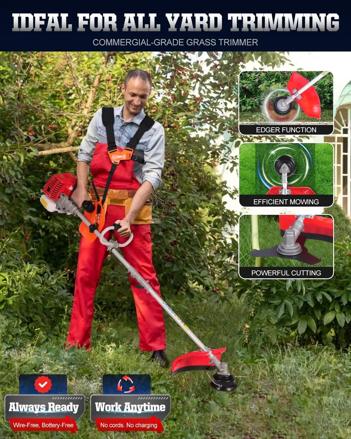 52cc Gas Powered Weed Eater and Brush Cutter 3-in-1, Heavy Duty Straight Shaft String Trimmer with Harness and 2 Heads for Tough Weeds, Grass, and Land Clearing (PT6080) by GreenHaven Gardens
